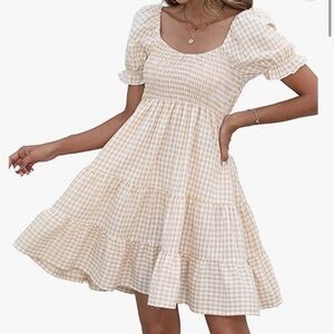 Smocked / shirred gingham tiered mini dress cream and white